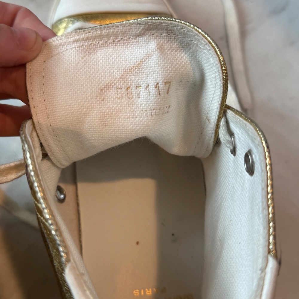 Distressed Calfskin Bedford Logo-Appliqued Hightop Sneakers 6.5 Gold Cream White - Picture 11 of 14